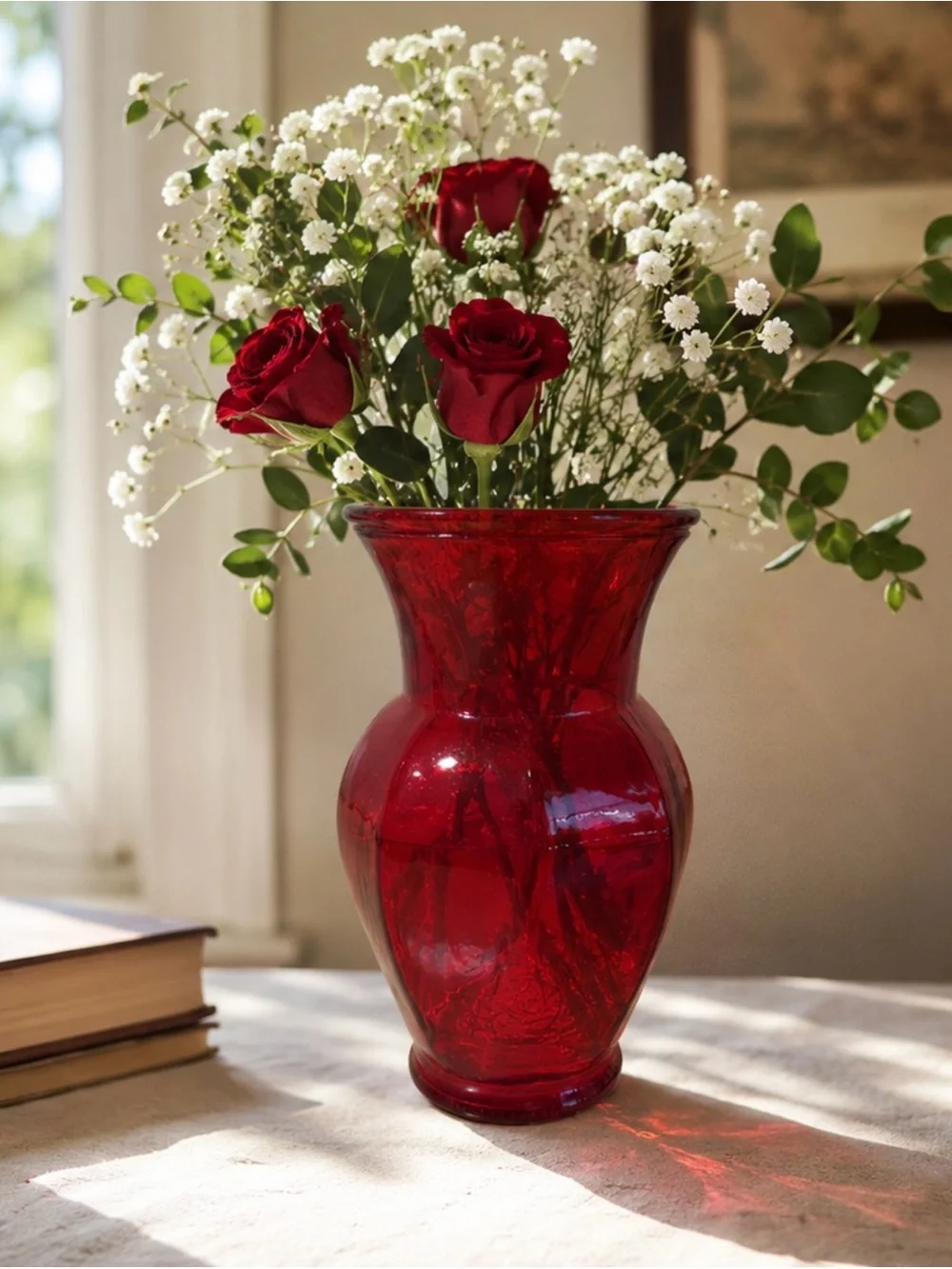 Ruby Red Glass Flower Vase Bold Romantic Vintage Home Decor